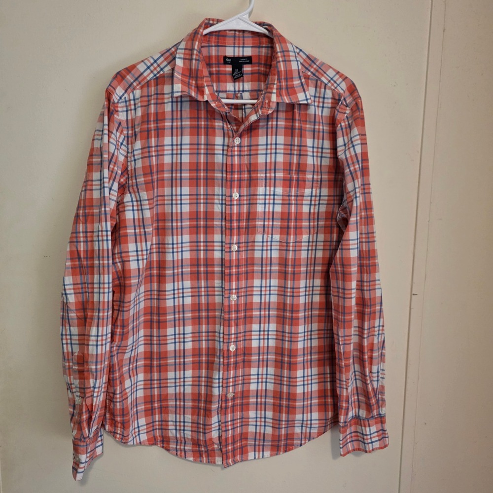 Gap Mens Button Up Shirt Size Medium Orange Plaid Long Sleeve Classic Fit